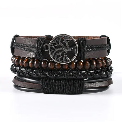 4Pcs/ Set Braided Wrap Leather Bracelets for Men Vintage Life Tree Rudder Charm Wood Beads Ethnic Tribal Wristband Rope Brace