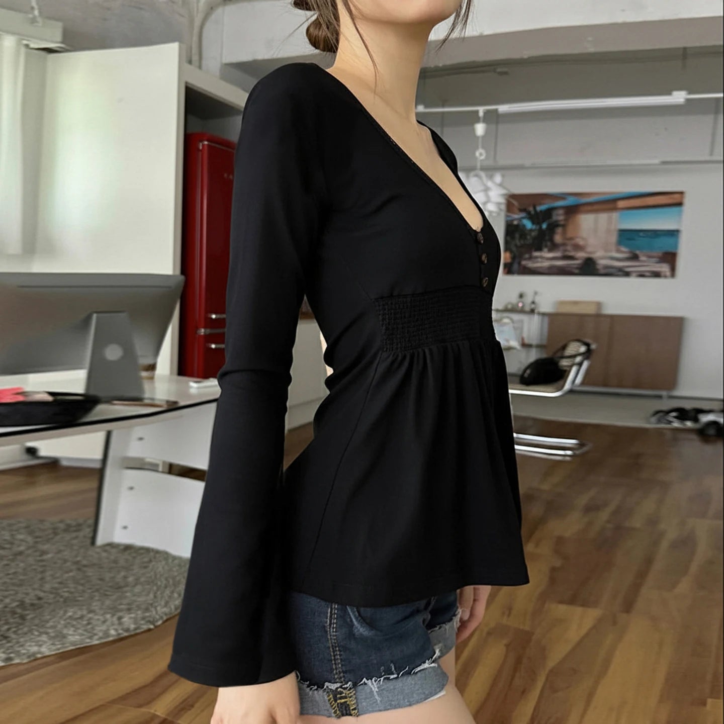 SUCHCUTE Women Solid Lace Trim Patchwork Button Flared Sleeves Shirt Casual V Neck Knit Top Y2k Aesthetic Fall Clothes Fairyc