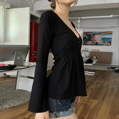 SUCHCUTE Women Solid Lace Trim Patchwork Button Flared Sleeves Shirt Casual V Neck Knit Top Y2k Aesthetic Fall Clothes Fairyc