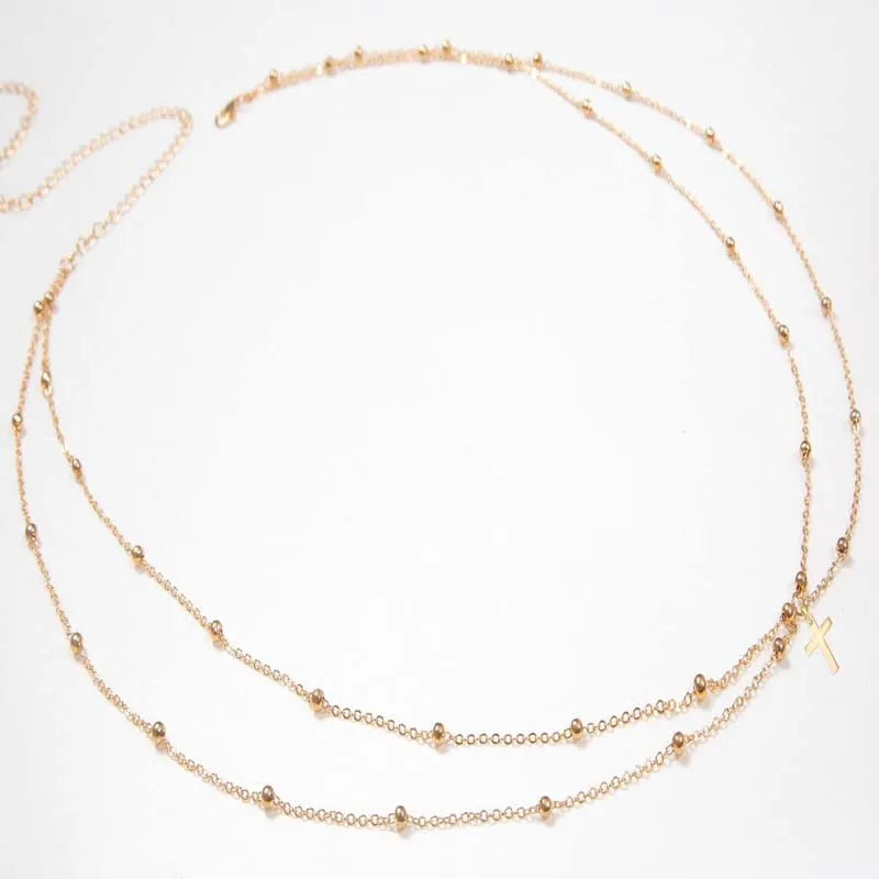 Fashion Double Layer Beaded Waist Chain for Women Simple Gold Color Metal Cross Round Bead Body Chain Bikini Jewelry Acessori