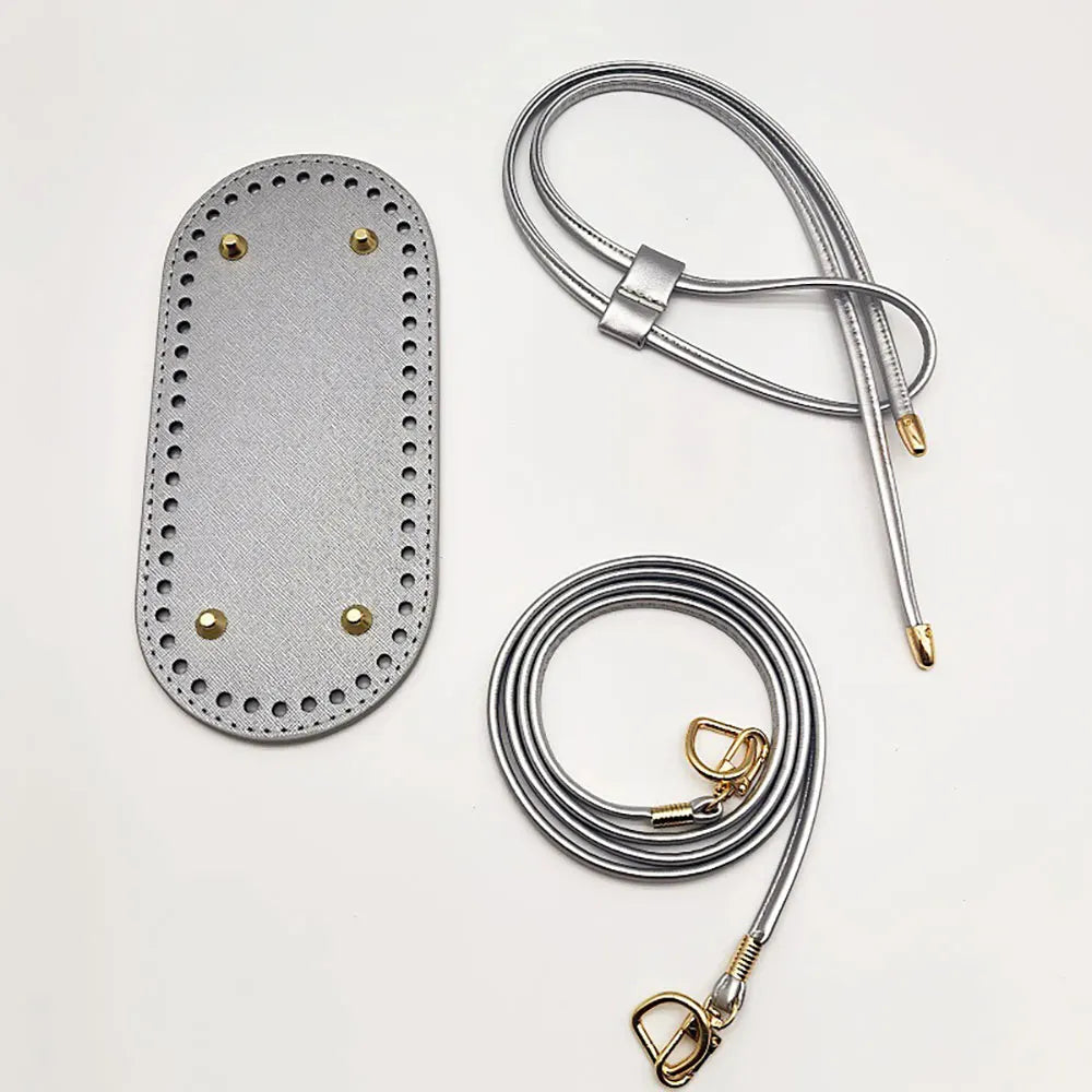 3Pcs DIY Purse Making Kit with Chain PU Leather Bucket Bag Base & Shoulder Strap Crochet Handbag Accessories ﻿ - 3Pcs Silver 