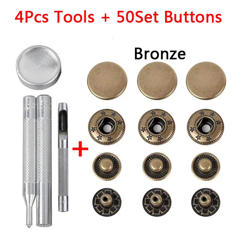 50Sets Leather Snap Fasteners Kit 10mm 12mm 15mm Metal Button Snaps Press Studs 4 Install Tools Leather Snaps For DIY Clothes