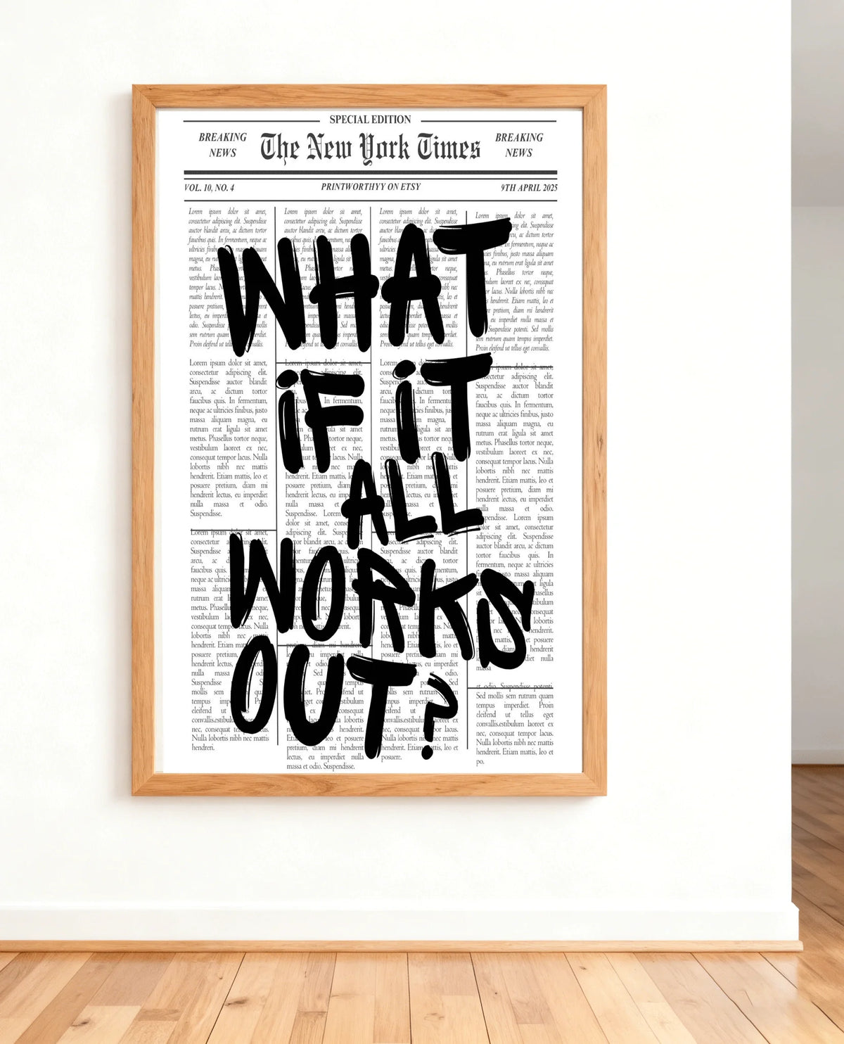 Newspaper Poster - What If It All Works Out - Positive Quote Canvas Wall Art, Affirming Minimalist Prints, Neutral Dorm Room 