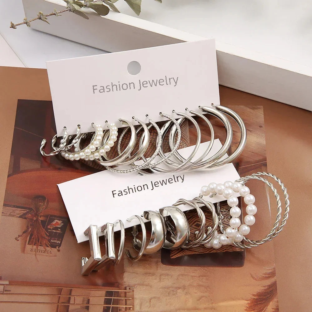 Vintage Silver Color Y2K Pearl Earrings for Women Geometry Round Circle Square Hoop Earring Set Fashion Female Jewelry Access