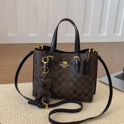 Elegant Monogram Tote Bag in Classic Style for Women Featuring Retro Leather Trim and Detachable Strap - coffee 3