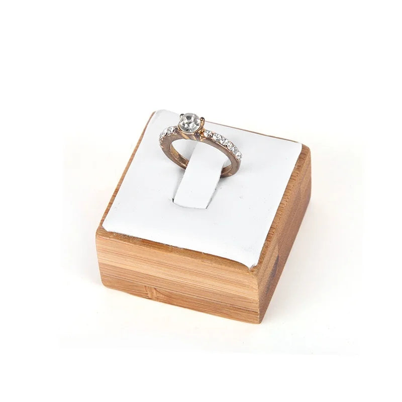 Ring Display Stands for Selling Square Bamboo Single Wood Ring Holder Organizer with Velvet Mat for Rings Trade - White PU