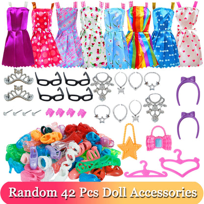 32 Item/Set 11.5 inch Doll Accessories=10 Mix Dress+ 4 Glasses+ 6 Necklaces+2 Handbag+ 10 Shoes Clothes 11.8'' Doll - 42 Pcs