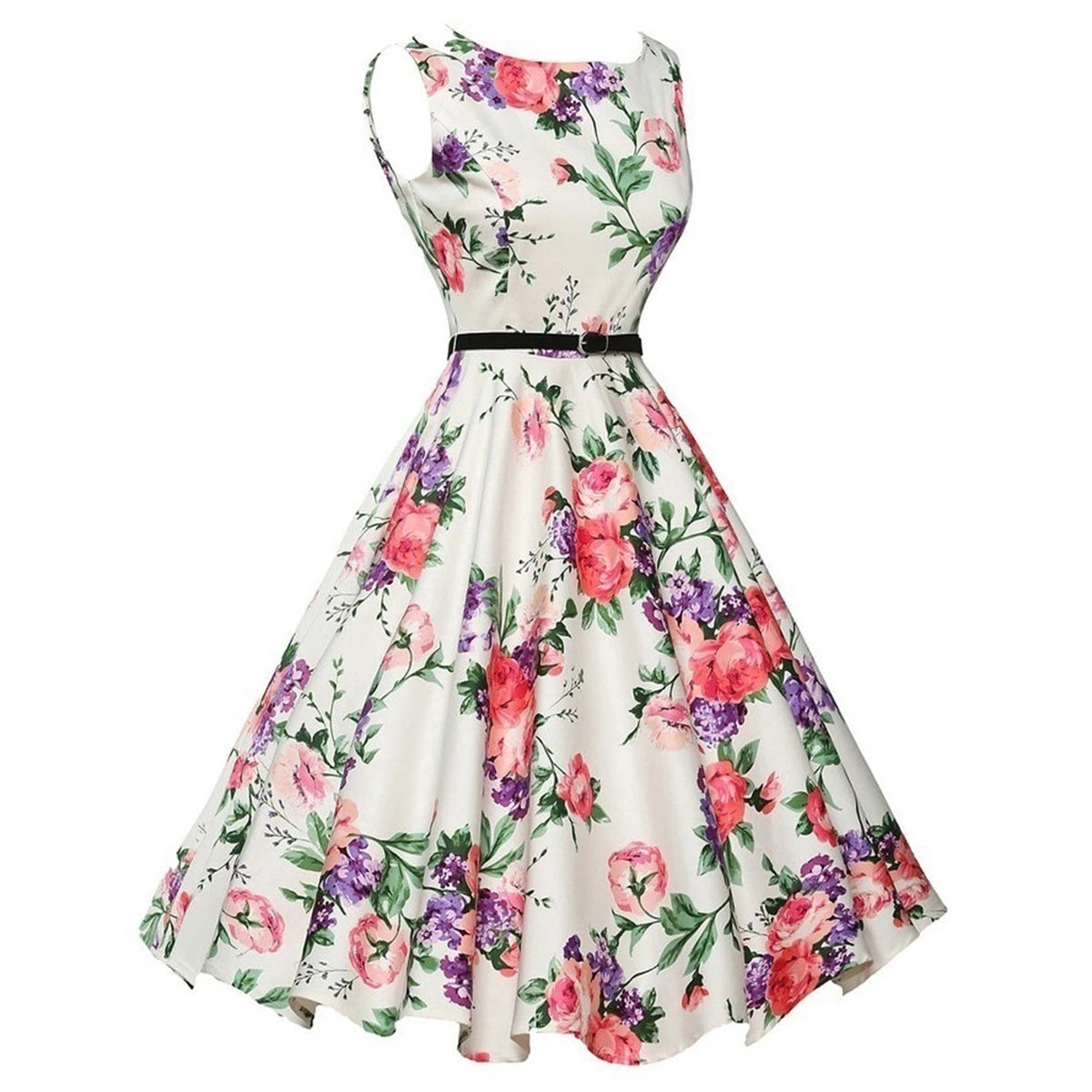 Summer Vestidos Dress Clothing Floral Robe Retro Swing Casual Vintage Rockabilly Dresses - Pink / L