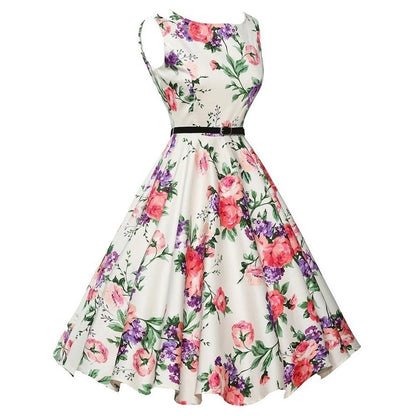 Summer Vestidos Dress Clothing Floral Robe Retro Swing Casual Vintage Rockabilly Dresses - Pink / L