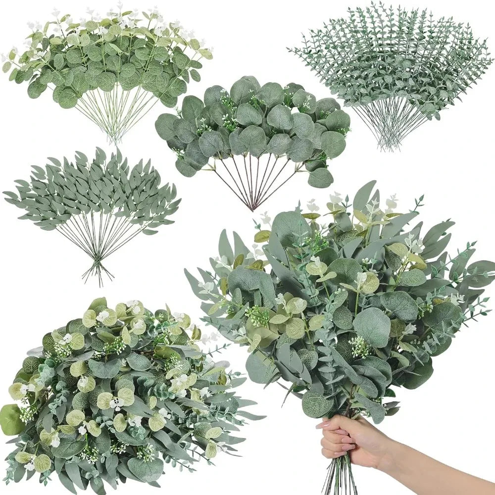 20pcs Eucalyptus Leaves Stems Artificial Plant Bouquet Fake Flowers for Home Decor DIY Floral Arrangement Wedding Decoration
