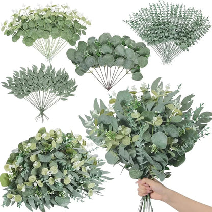 20pcs Eucalyptus Leaves Stems Artificial Plant Bouquet Fake Flowers for Home Decor DIY Floral Arrangement Wedding Decoration
