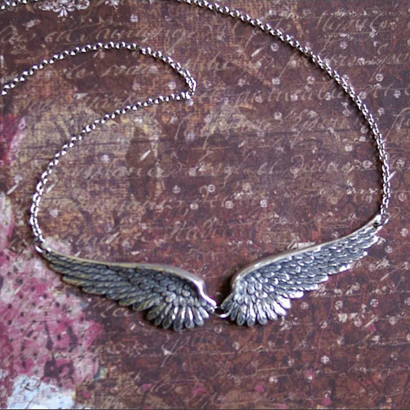 Vintage Silver Color Angel Wings Feather Choker Big Pendant Link Chains Statement Necklace for Women Wedding Tribal Gifts - l