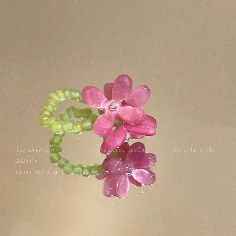New Romantic Cute Violet Flower Ring Spring Summer Elastic Beaded Rings for Women Friends Korea Finger Jewelry Accessories Gi