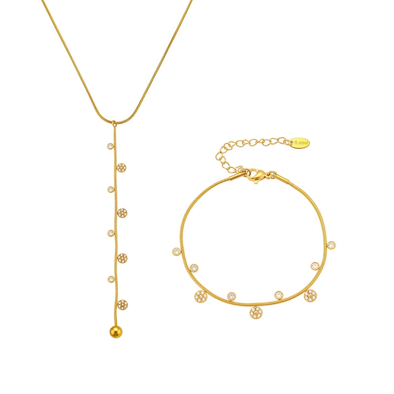Lariat Y Necklace Matching Bracelet In Stainless Steel 18k Gold Plated With Zircon Flower Chain Necklaces Bracelets For Women