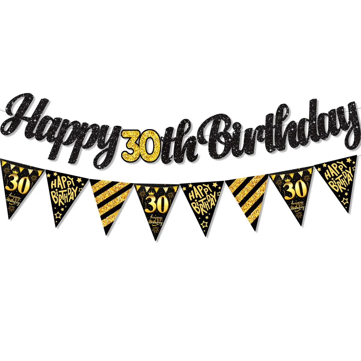 Black Gold Happy 21 30 40 50 60 70th 80th 90th Birthday Banner Garland Hanging for DIY Adult Party Decoration