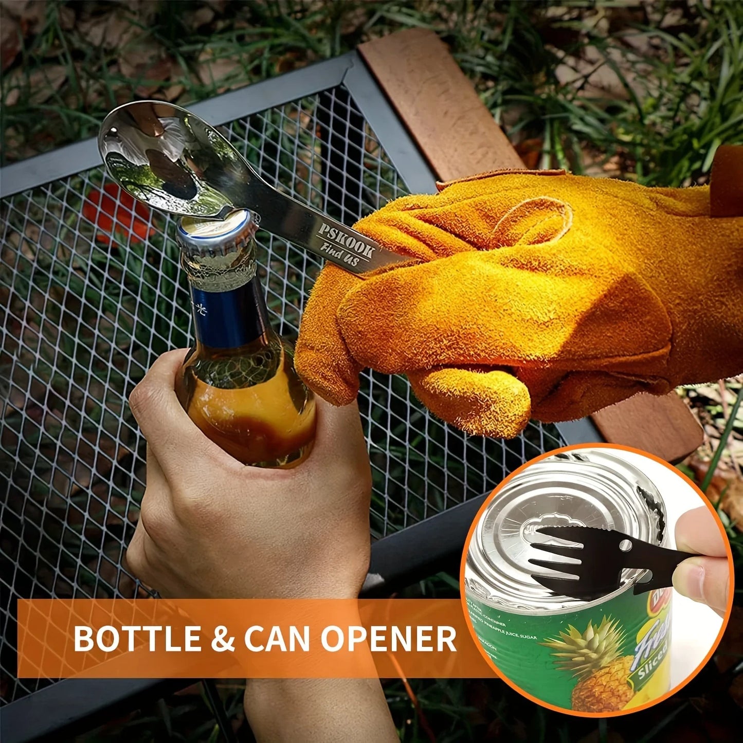PSKOOK Outdoor Survival Tools 5 in 1 Camping Multi-functional EDC Kit Practical Fork Knife Spoon Bottle/Can Opener