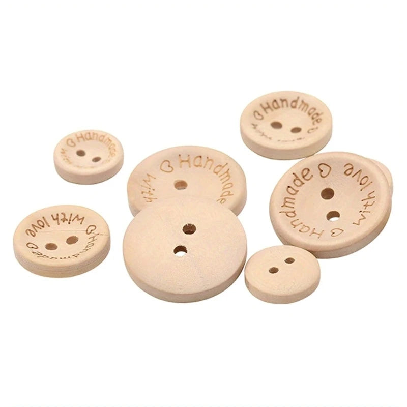 100/140 Pcs Assorted Sizes Wood Buttons Set, Natural Khaki Handmade with Love Tags for Sewing,Crafting, DIY Clothing Accessor