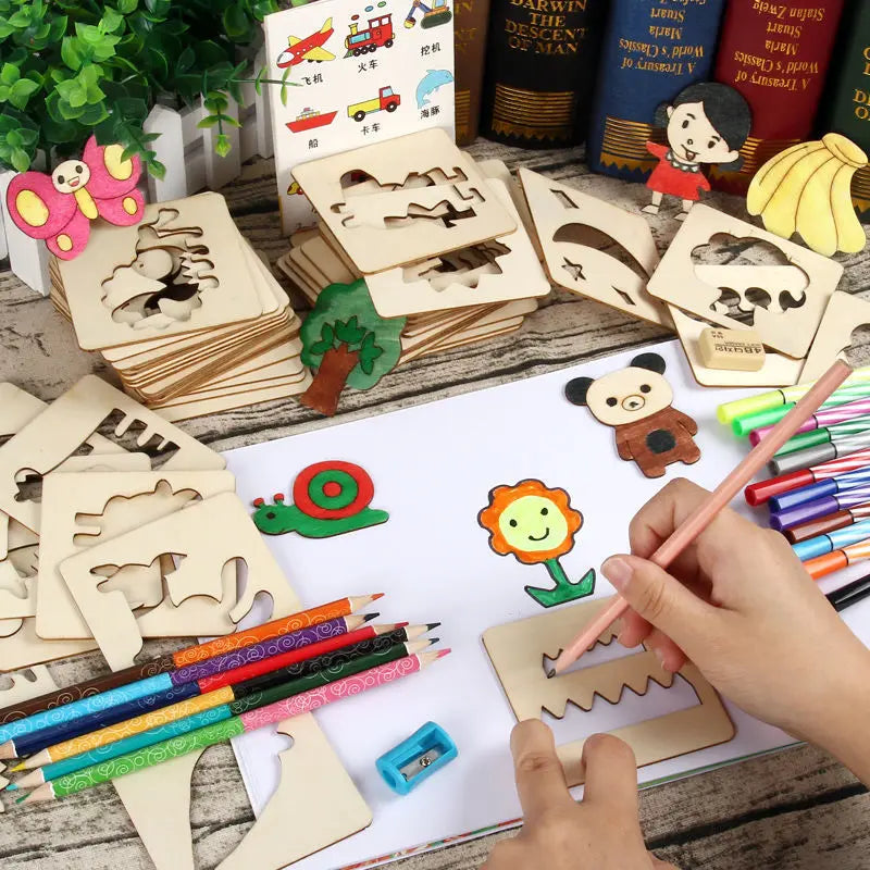 20pcs Montessori Kids Drawing Toys Wooden DIY Painting Template Stencils Learning Educational Toys for Children Wooden Toy Gi