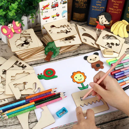 20pcs Montessori Kids Drawing Toys Wooden DIY Painting Template Stencils Learning Educational Toys for Children Wooden Toy Gi