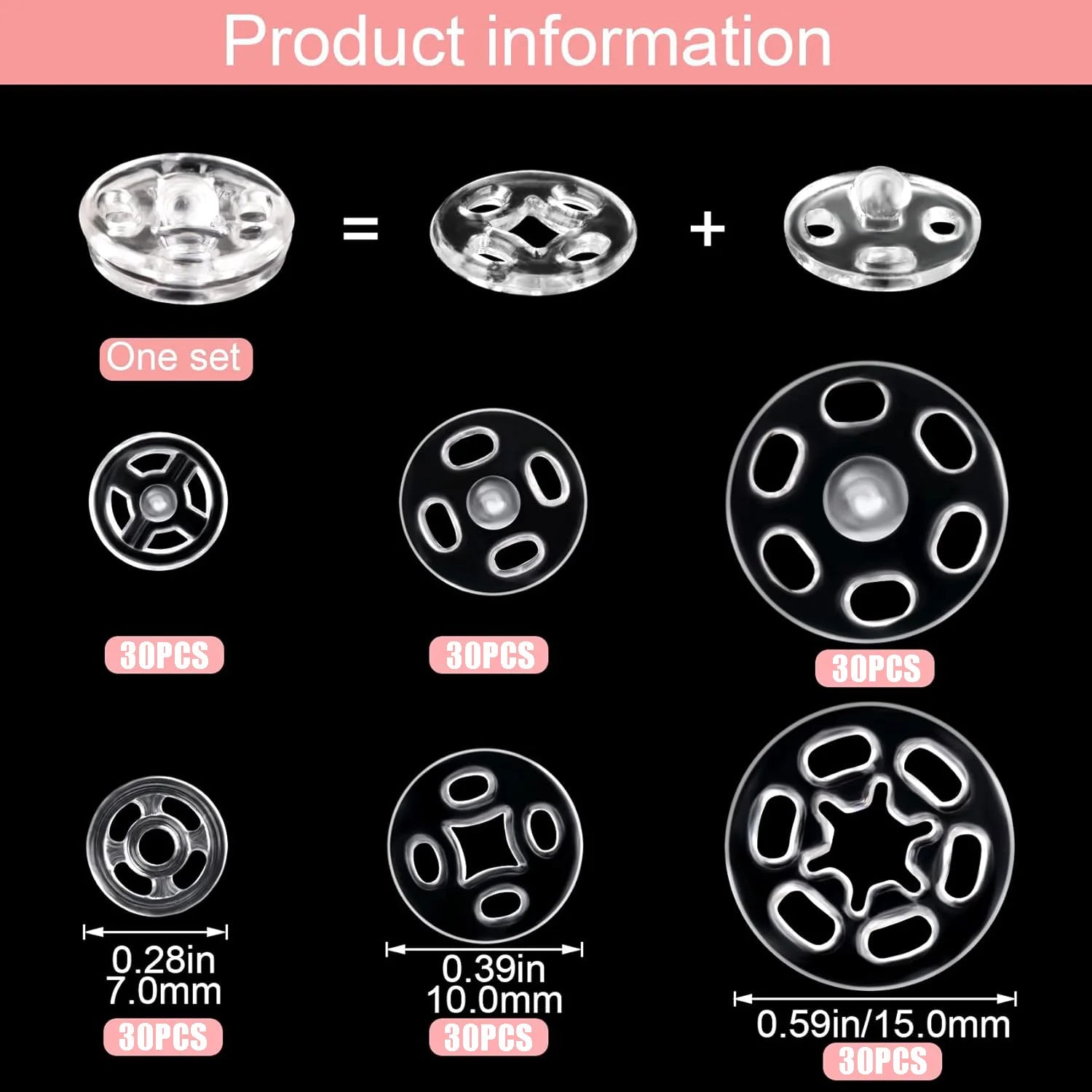 30/90Sets Plastic Sew-on Snap Buttons Invisible Snap Fasteners Buttons Round Clear Press Button for Sewing Clothing DIY Craft