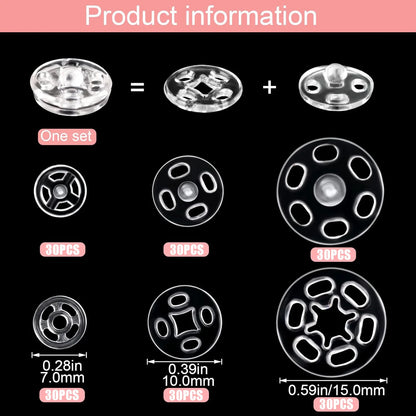 30/90Sets Plastic Sew-on Snap Buttons Invisible Snap Fasteners Buttons Round Clear Press Button for Sewing Clothing DIY Craft