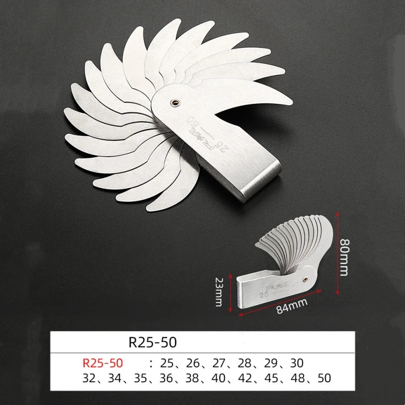 Measuring Tool for Radius Gauge 0.3-7mm High-Precision R-Gauge R7.5-15mm/R15.5-25mm/R25-50mm Arc Radius Measuring Tool Arc Ru
