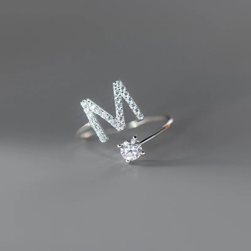 Zircon Initial A-Z Letter Ring For Women Metal Adjustable Opening Ring Name Alphabet Female Wedding Gift Anillos Mujer - M