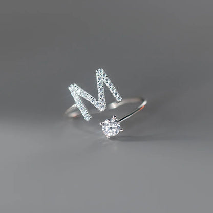 Zircon Initial A-Z Letter Ring For Women Metal Adjustable Opening Ring Name Alphabet Female Wedding Gift Anillos Mujer - M