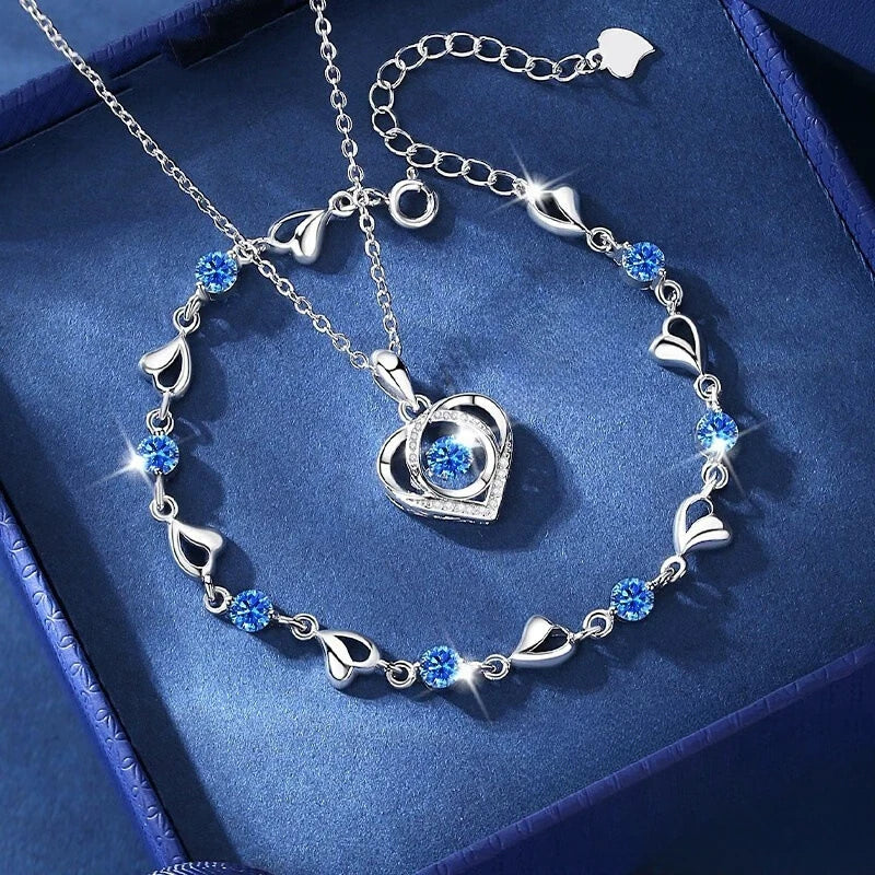 925 Sterling Silver Heart Shaped Necklace Bracelet Set for Women Vintage Korean Blue Crystal Bracelets Jewelry Set Party Jewe