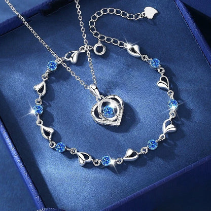 925 Sterling Silver Heart Shaped Necklace Bracelet Set for Women Vintage Korean Blue Crystal Bracelets Jewelry Set Party Jewe