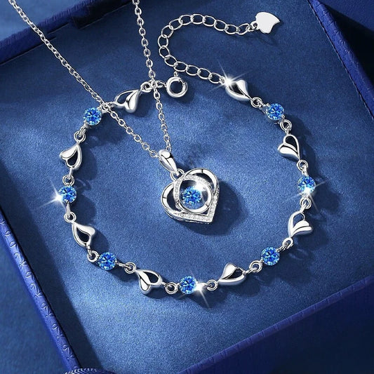 925 Sterling Silver Heart Shaped Necklace Bracelet Set for Women Vintage Korean Blue Crystal Bracelets Jewelry Set Party Jewe