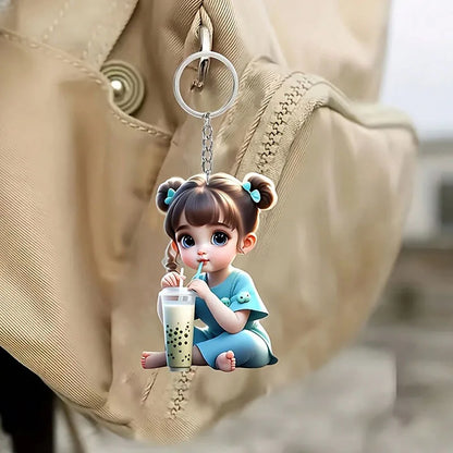 1 Cute Acrylic Girl Keychain, 2D Flat, Holiday Gift, Backpack Accessories, Key Decoration, Car Decoration, Keychain, Pendant