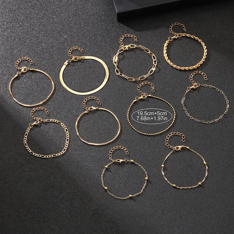 10 Pcs Vintage Statement Gold Color Flat Snake Chain Box Chain Bracelet Boho Multi-layer Metal Bracelet Women's Summer Jewelr