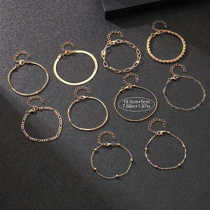 10 Pcs Vintage Statement Gold Color Flat Snake Chain Box Chain Bracelet Boho Multi-layer Metal Bracelet Women's Summer Jewelr
