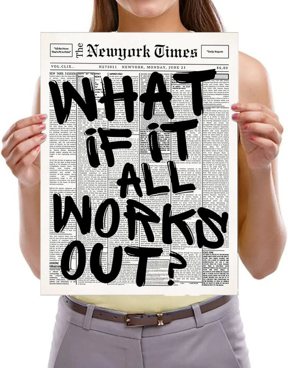 Newspaper Poster - What If It All Works Out - Positive Quote Canvas Wall Art, Affirming Minimalist Prints, Neutral Dorm Room 