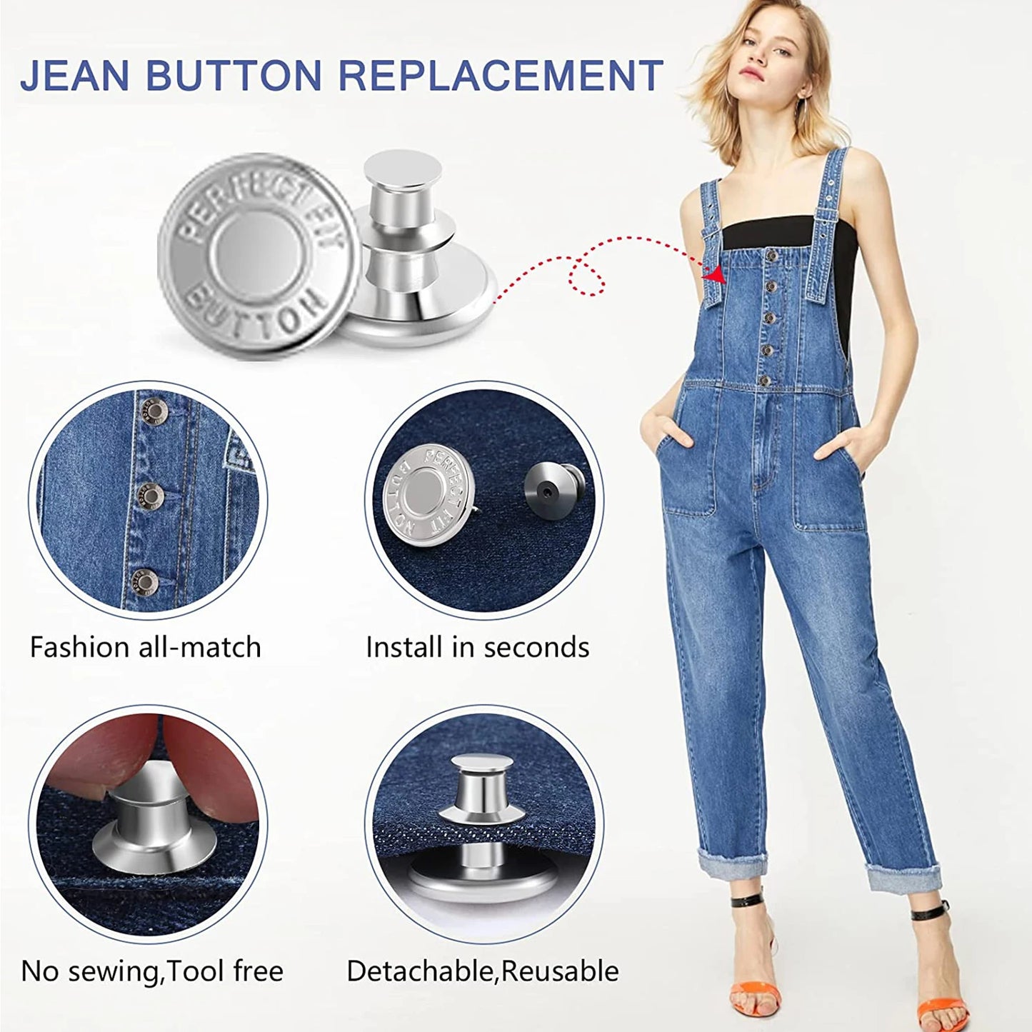 12 Sets Jean Buttons Pins No Sew for Loose Jeans Pants Tightener Adjustable Buttons Replacement for Too Big Snap Tack