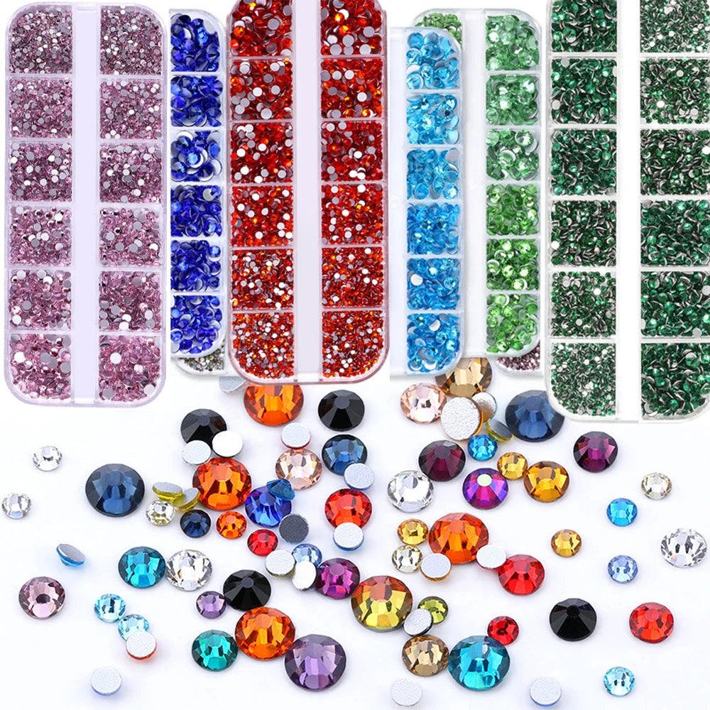 2400pcs+ Shiny Clear Crystal Gems Nail Rhinestones 1.5-4mm Mixed Round Glass Stone Flatback Nail Charms 12grids Nail Diamond 