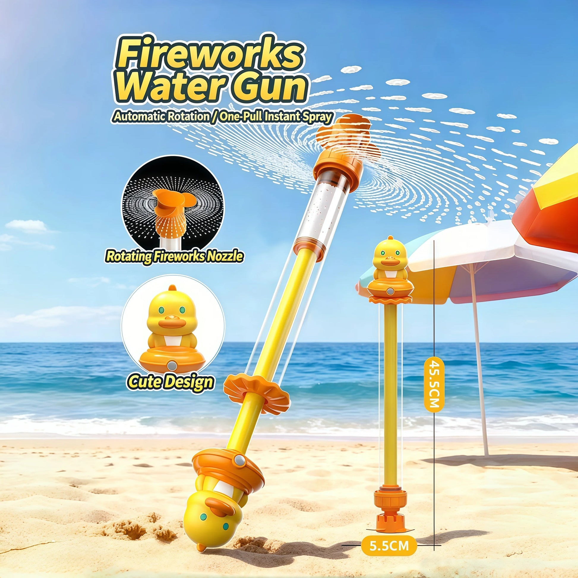 Summer Unicorn Scattering Firecracker Water Gun, Pull-Back Water Cannon, Spraying Water Fun Toy for Kids - Yellow duck