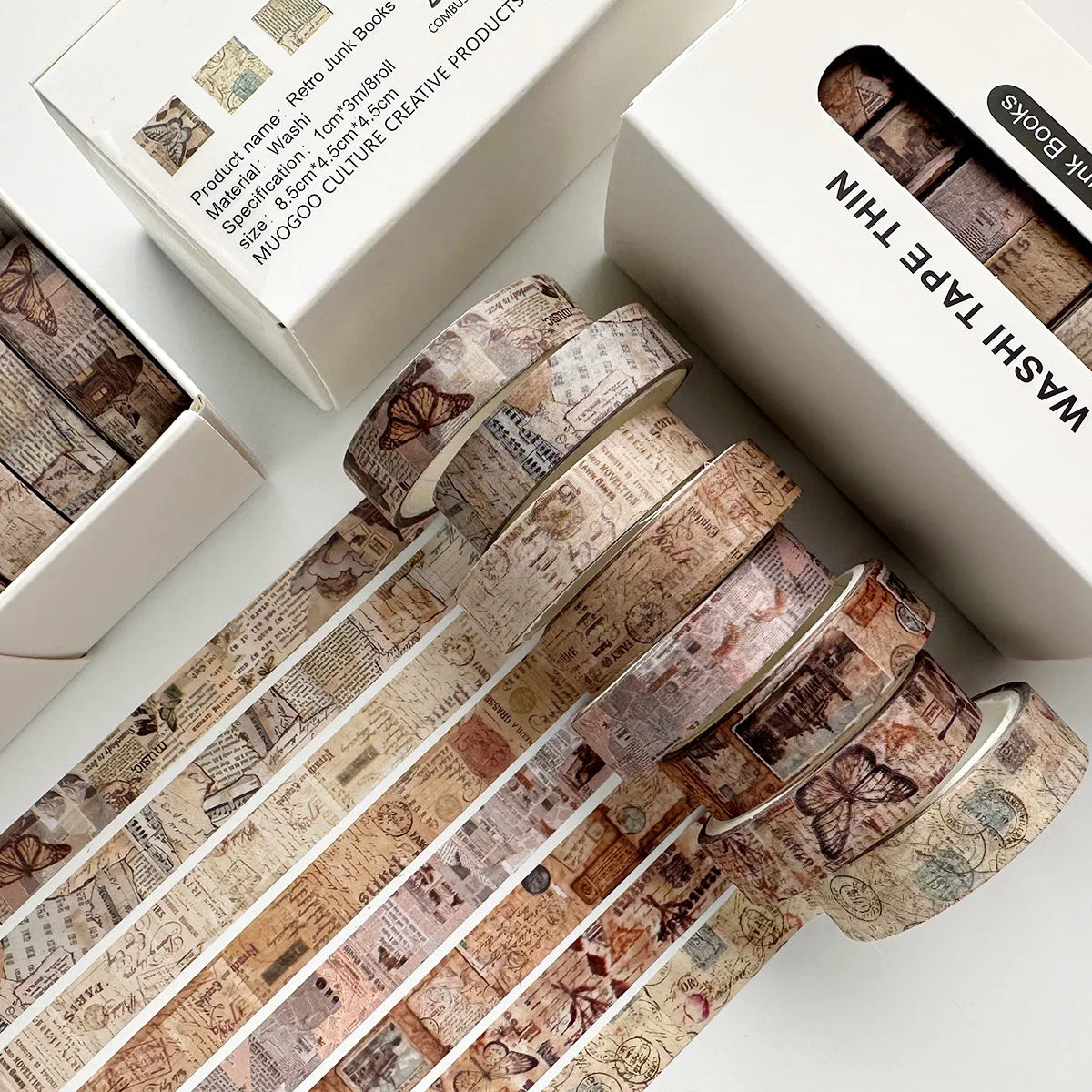 Washi Tape Set, 8 Rolls Decorative Tape, Vintage Masking Tape for Scrapbooking, Journaling, DIY Crafts, Retro Washi Tape Desi