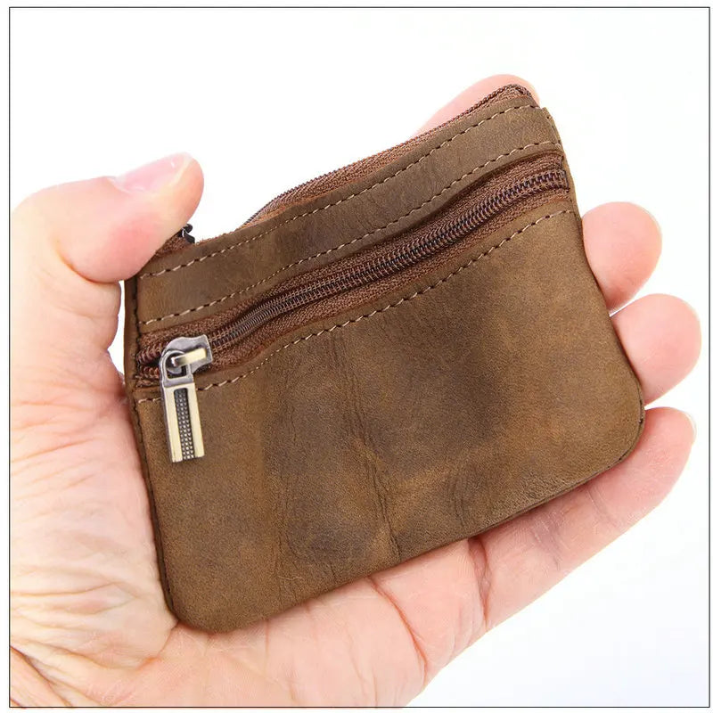 Retro Genuine Leather Coin Purse with Keychain for Men & Women Cowhide Zipper Coin Wallet Vintage Key Holder