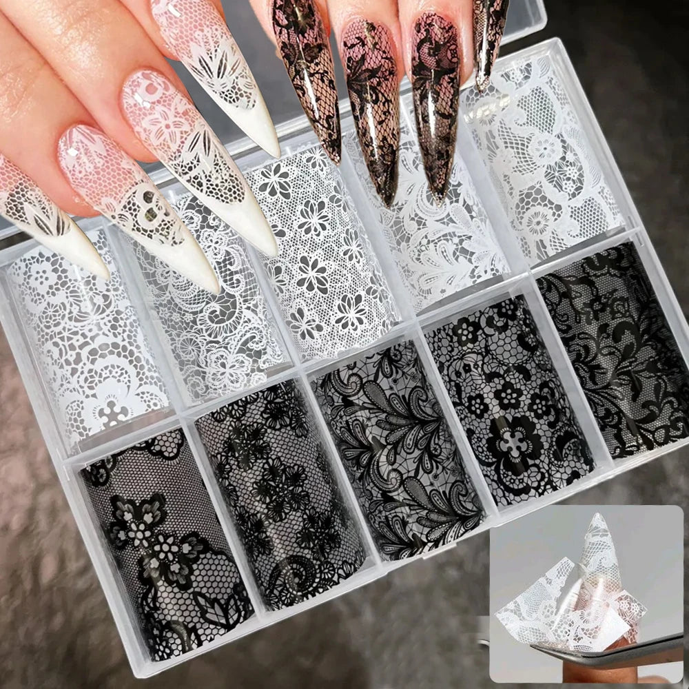 10 Rolls 4x50CM Black White Lace Transfer Nail Sticker Sexy Flower Lace Nail Art Transfer Foils Paper for DIY Manicure Decals