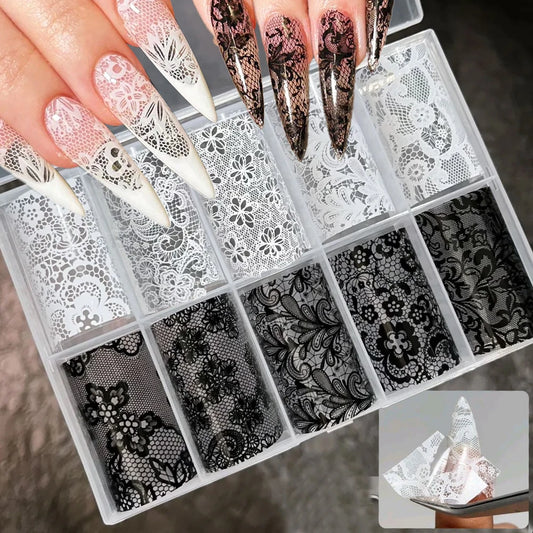 10 Rolls 4x50CM Black White Lace Transfer Nail Sticker Sexy Flower Lace Nail Art Transfer Foils Paper for DIY Manicure Decals