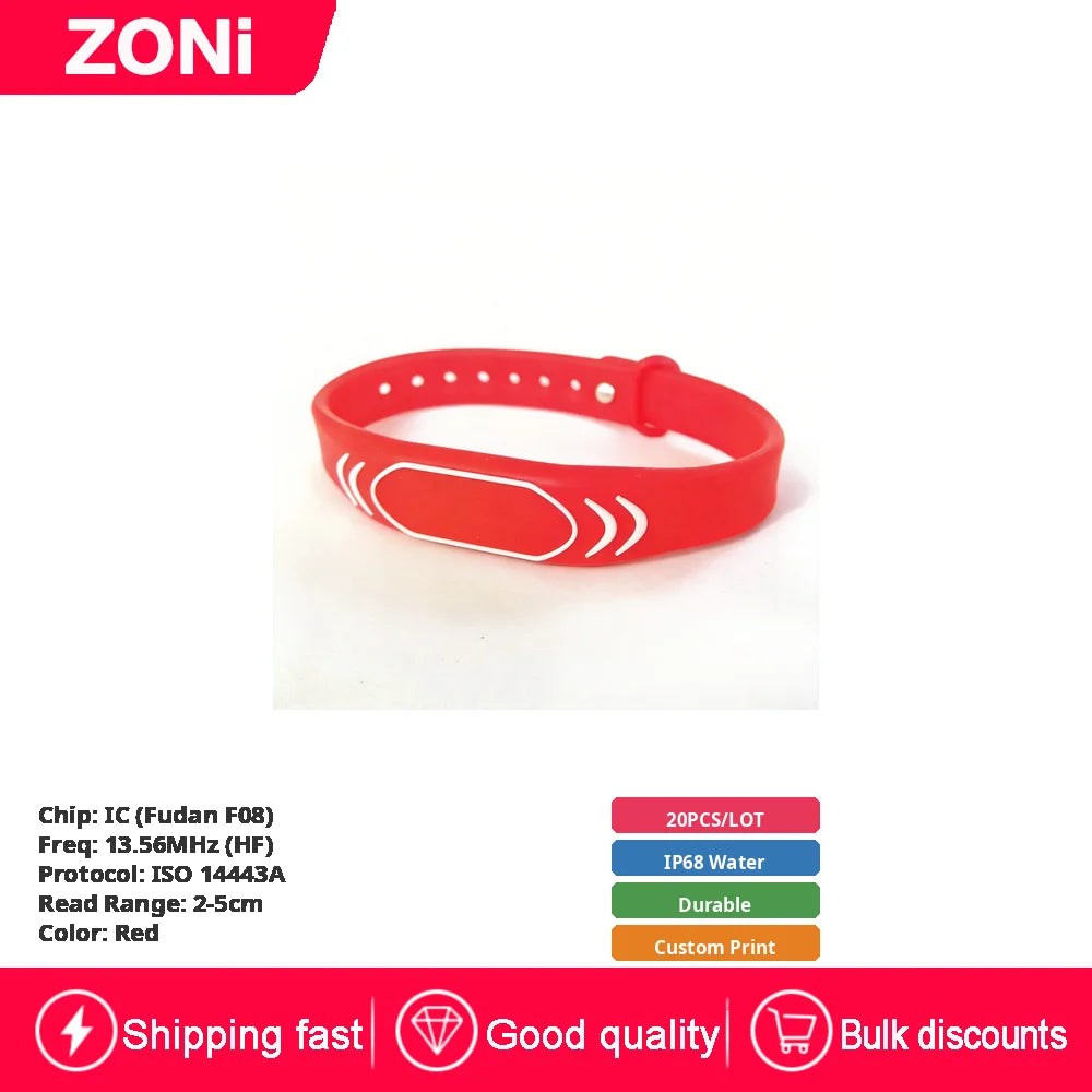 RFID IC ID Silicone Wristband Fudan F08 S50 M1 13.56MHz / TK4100 Chip 125KHz Waterproof Wrist Tag for Swimming & Foot Spa 20P