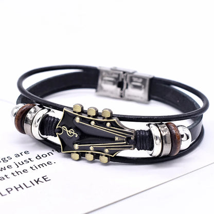 Retro Faux Leather Guitar Bracelet, Punk Rock Music Guitar Genuine Leather Bracelet, Handmade Braided Multi-Layer Wrap Bracel