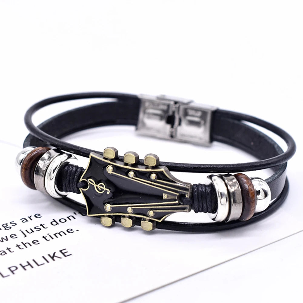 Retro Faux Leather Guitar Bracelet, Punk Rock Music Guitar Genuine Leather Bracelet, Handmade Braided Multi-Layer Wrap Bracel