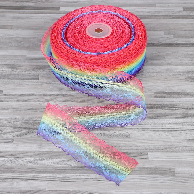 4cm 5yards Colorful Rainbow Net Fashion Ribbon Lace Trim Wedding DIY Dress Garment Edging Bag Decoration Accessories Bows H80