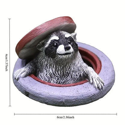 Raccoon Ornament Under Manhole Cover Garden Microlandscape Simulation Animal Resin Decor For Indoor/Outdoor Lawn, Tabletop De