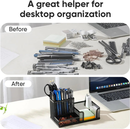 Mesh Desk Organizer Office Supplies Caddy with Pencil Holder and Storage Baskets for Desktop Accessories, 3 Compartments, Bla