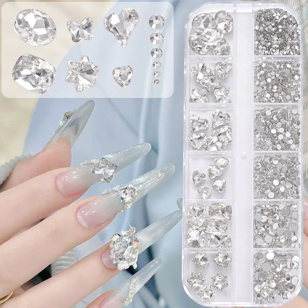 1Box 3D Clear Nail Art Rhinestones 12Shapes Mixed Oval,Butterfly,Heart,Flower,Round Diamond Nail Charms DIY Nail Art Decorati