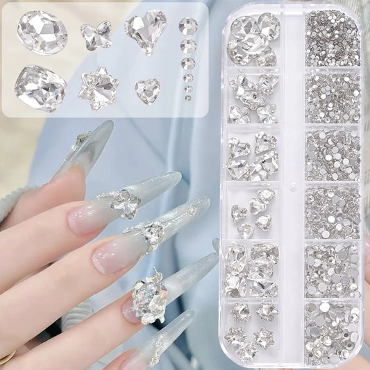 1Box 3D Clear Nail Art Rhinestones 12Shapes Mixed Oval,Butterfly,Heart,Flower,Round Diamond Nail Charms DIY Nail Art Decorati